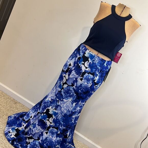 NWT My Michelle 2-Piece Halter Mermaid Blue Floral Formal Prom Dress - Size 11 - Picture 1 of 16